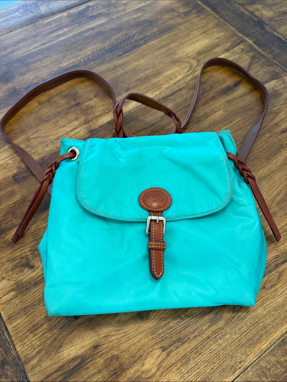 Dooney & Bourke Turquoise Backpack with Brown Leather Trim